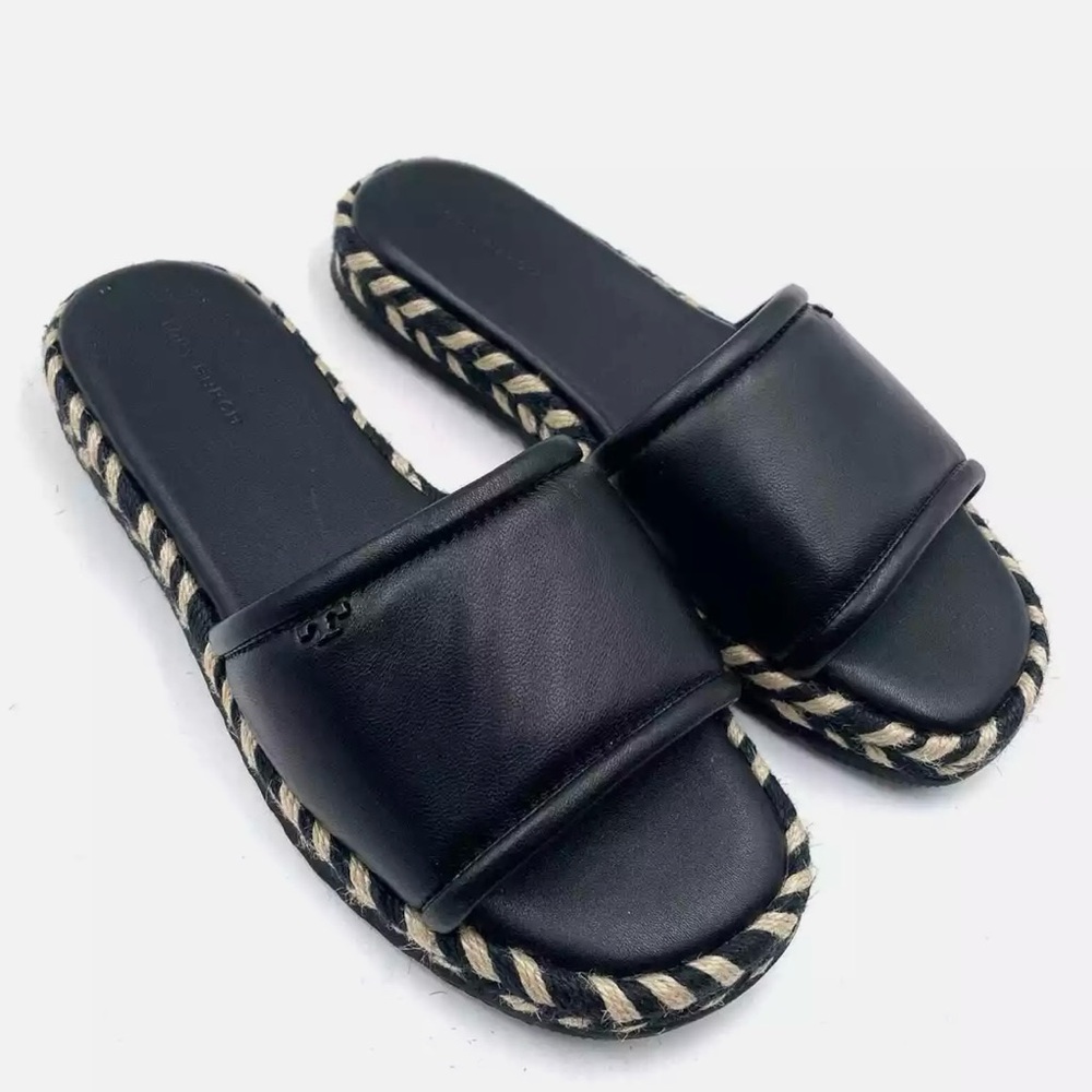 NWOT Tory Burch Espadrille Slide North Nappa Black Leather